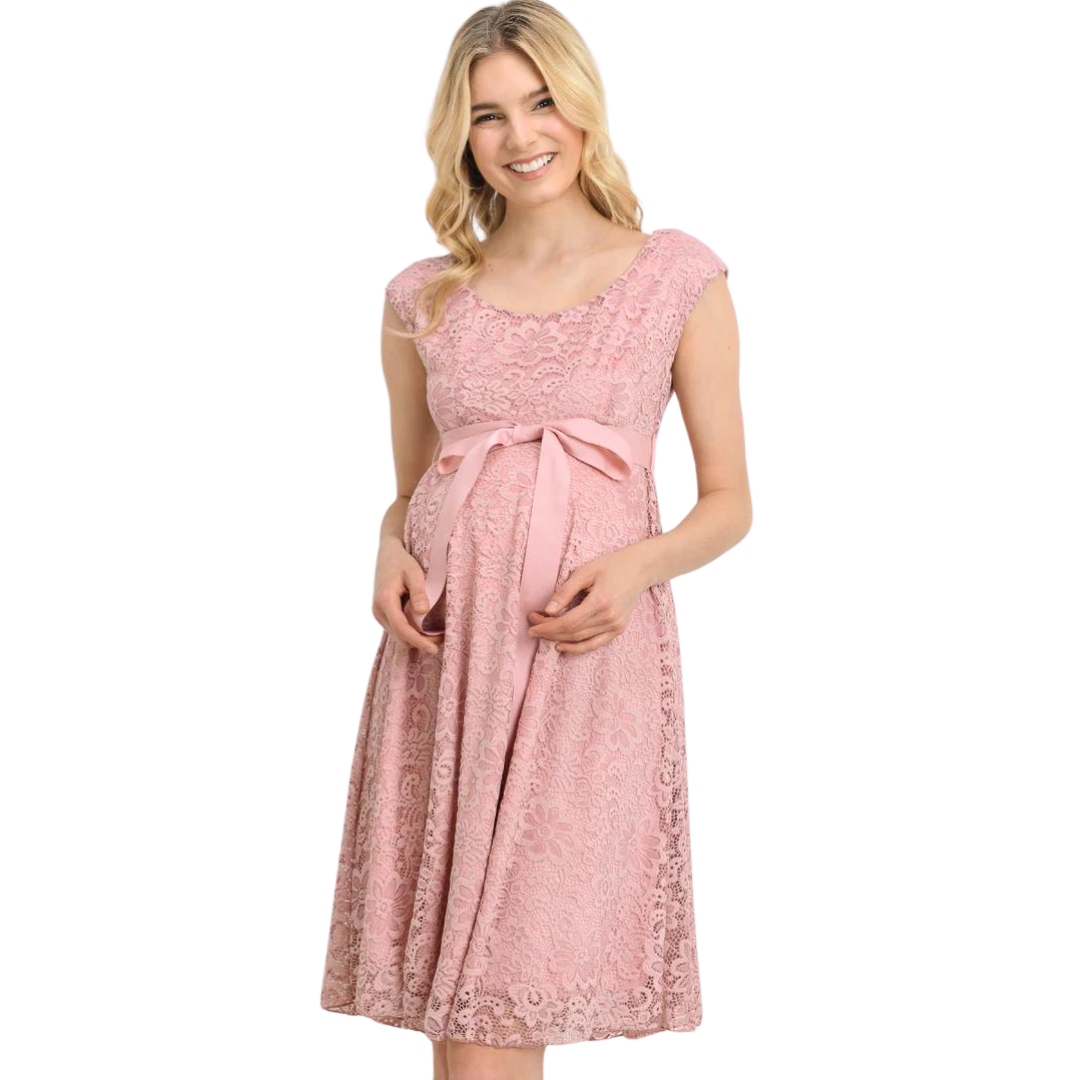 Hello Miz Women's Floral Lace Maternity Dress with Ribbon - Pink - Small Hello Miz Women's Floral Lace Maternity Dress with Ribbon - Pink - Small