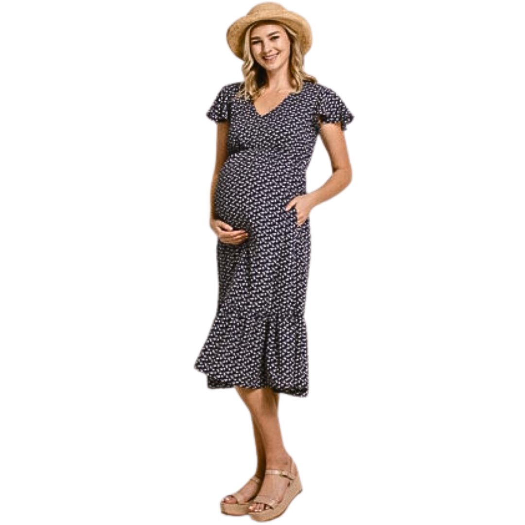 V-Neck Ruffle Maternity Midi Dress by Hello Miz | Love Grows Boutique L V-Neck Ruffle Maternity Midi Dress by Hello Miz | Love Grows Boutique L