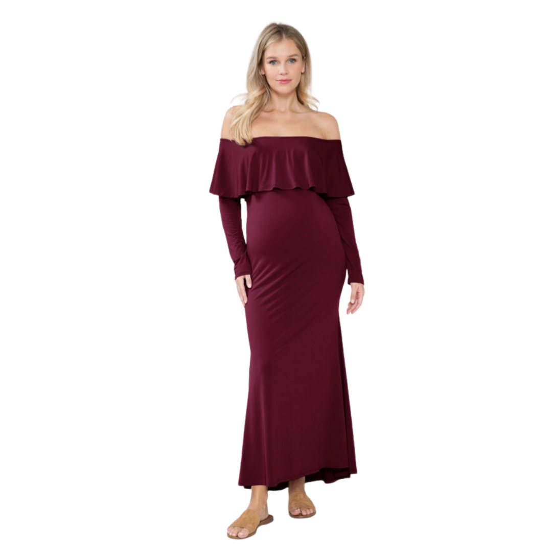 Maternity maxi dress wine front