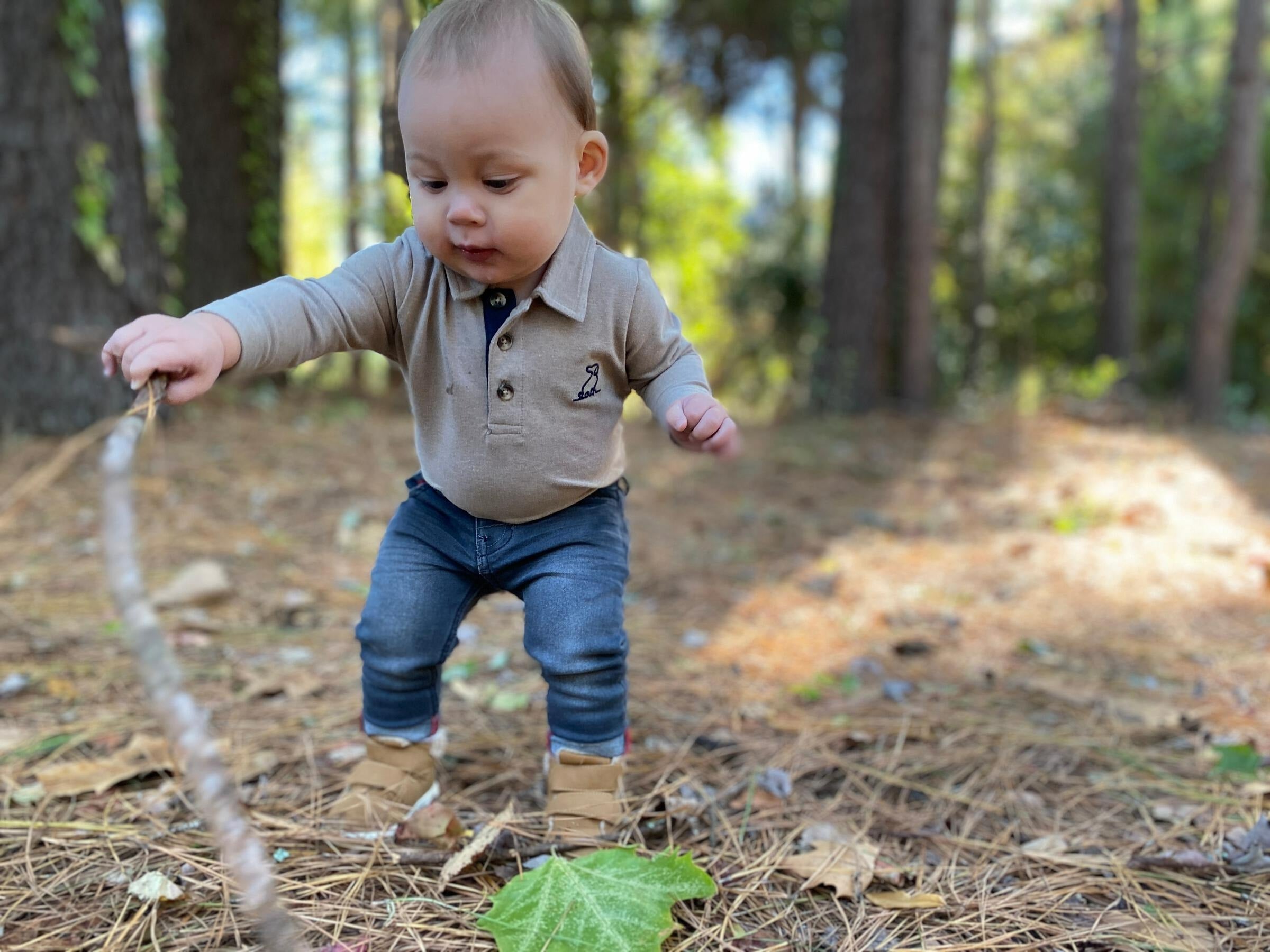 long sleeve polo onesie - tan lifestyle