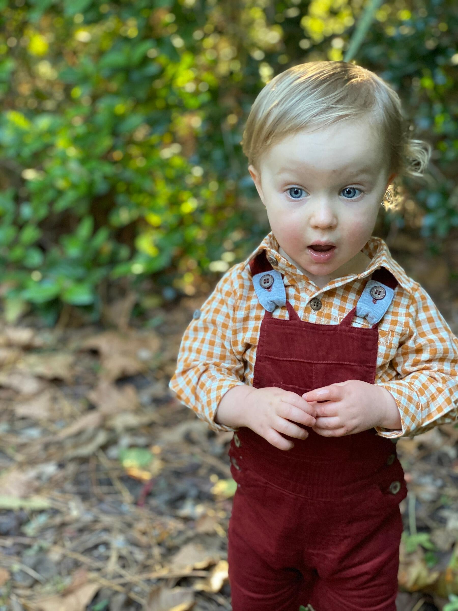 Baby long sleeve woven onesie - gold plaid lifestyle