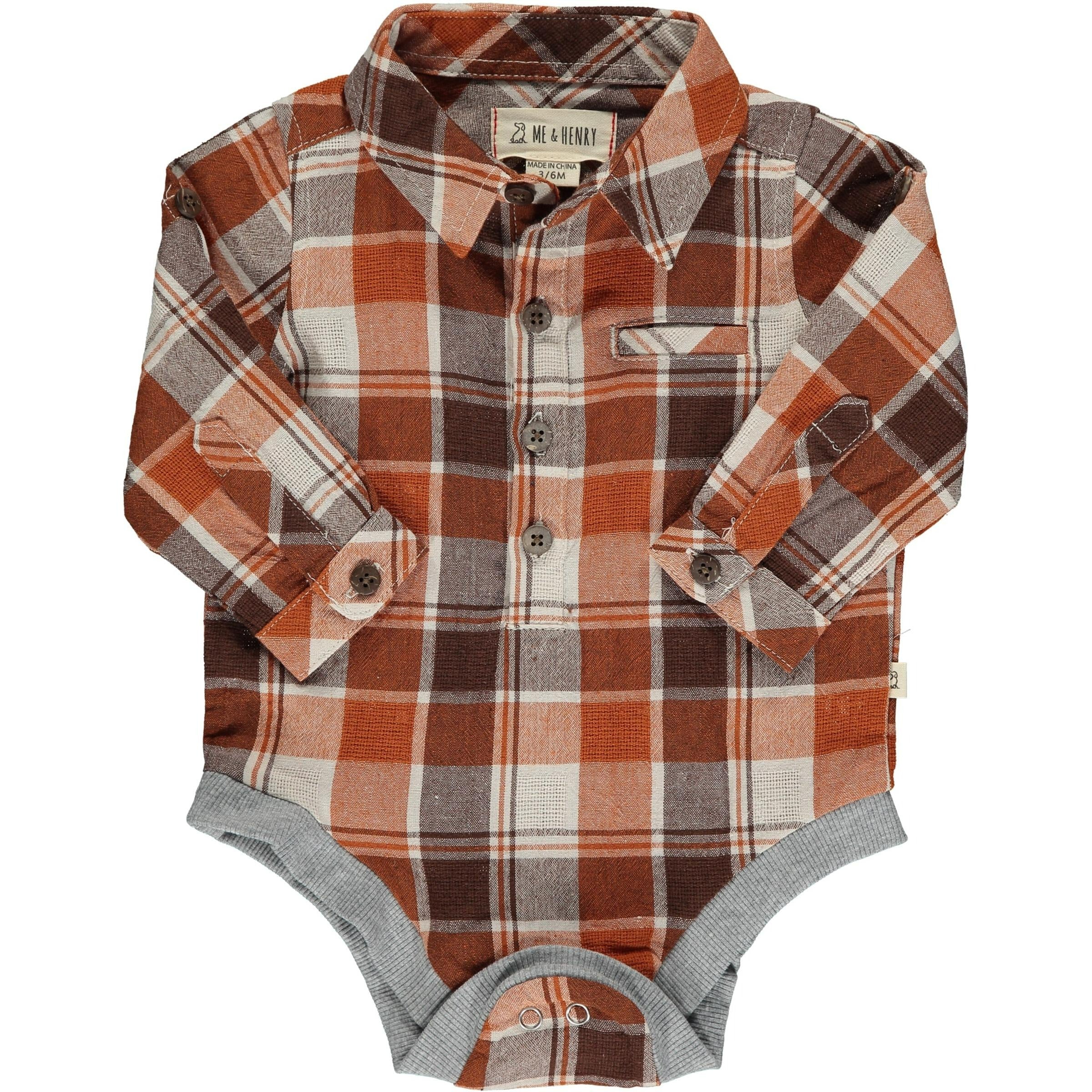 Baby long sleeve woven onesie - rust/ navy plaid