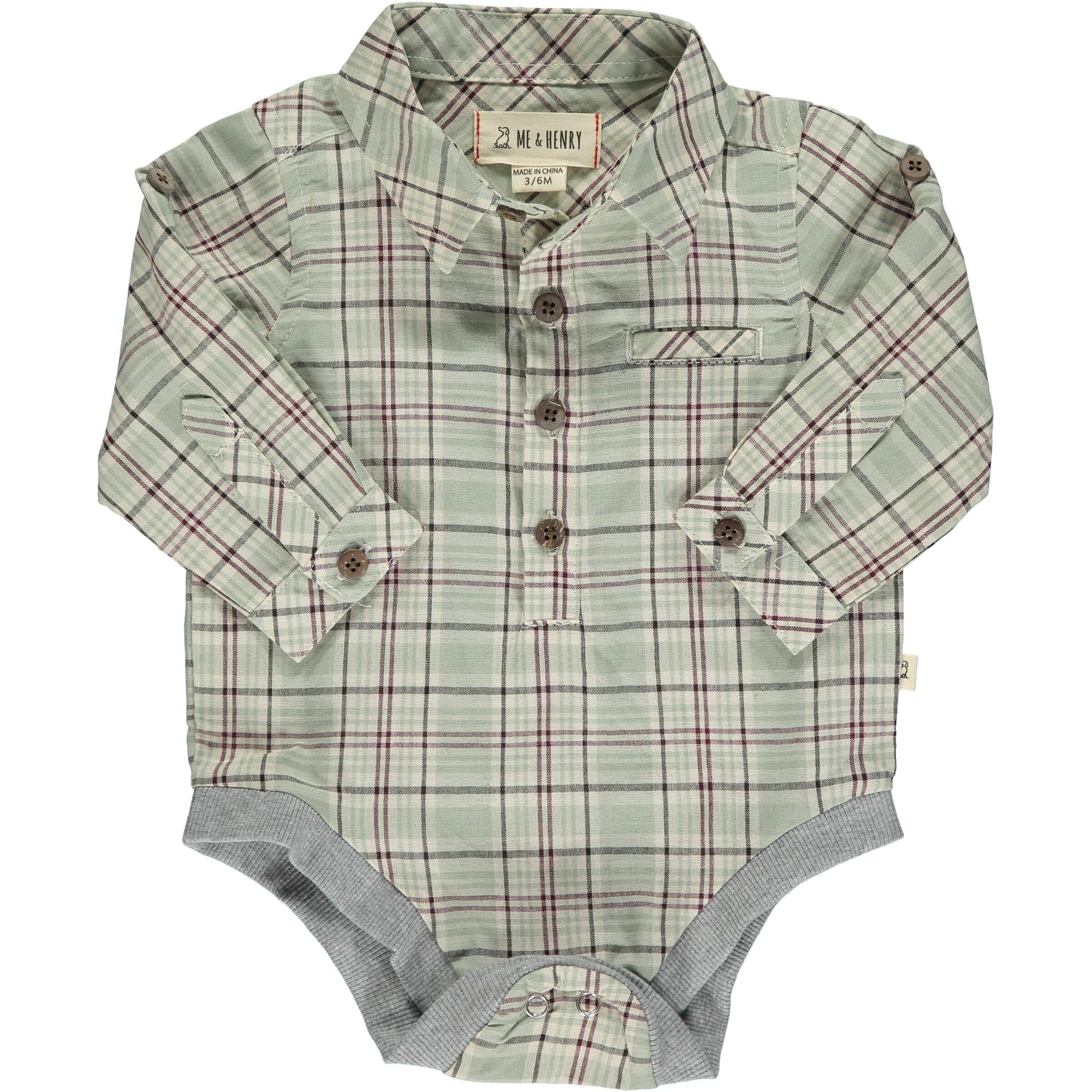 Baby long sleeve woven onesie - green plaid w/ navy