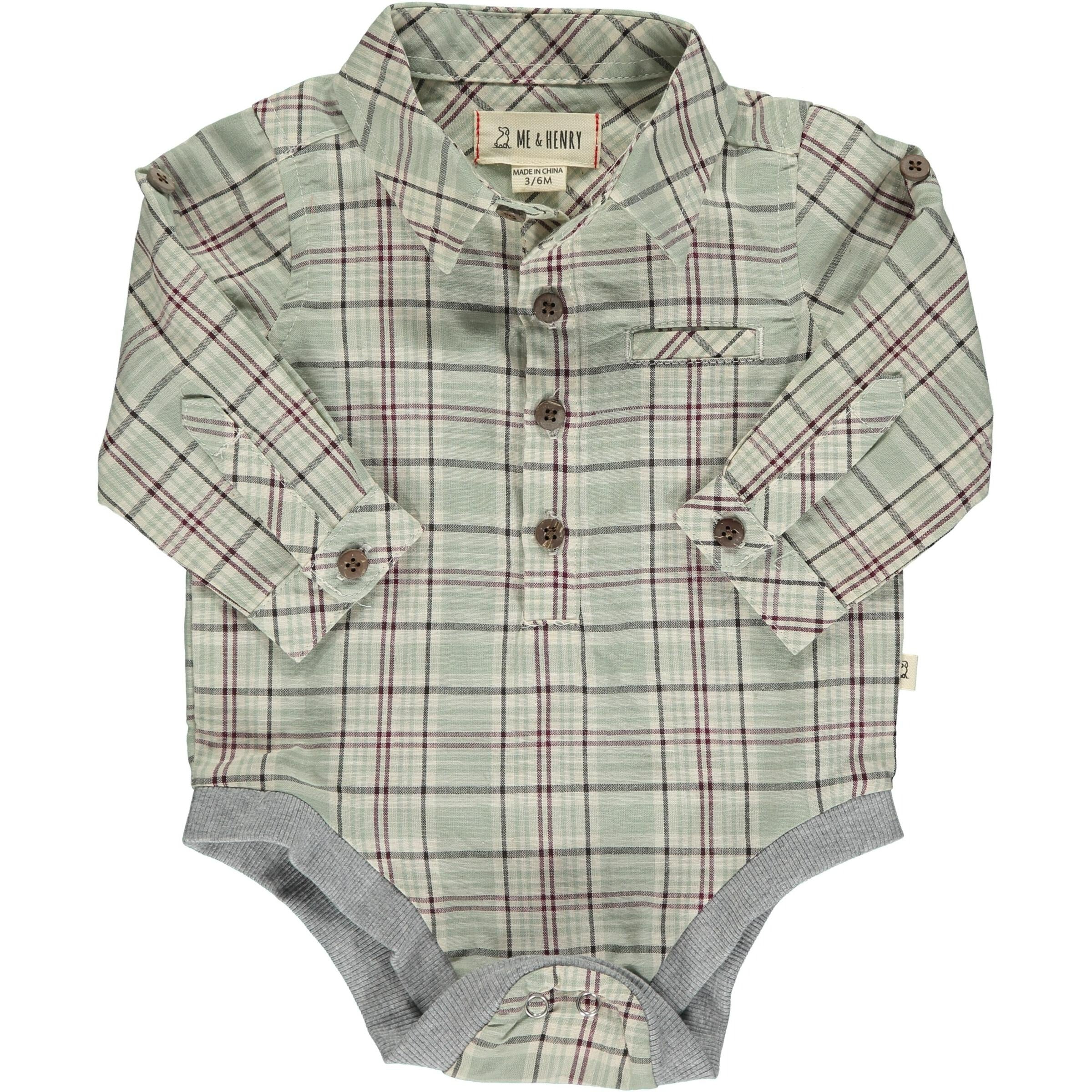 Baby long sleeve woven onesie - green plaid w/ navy 