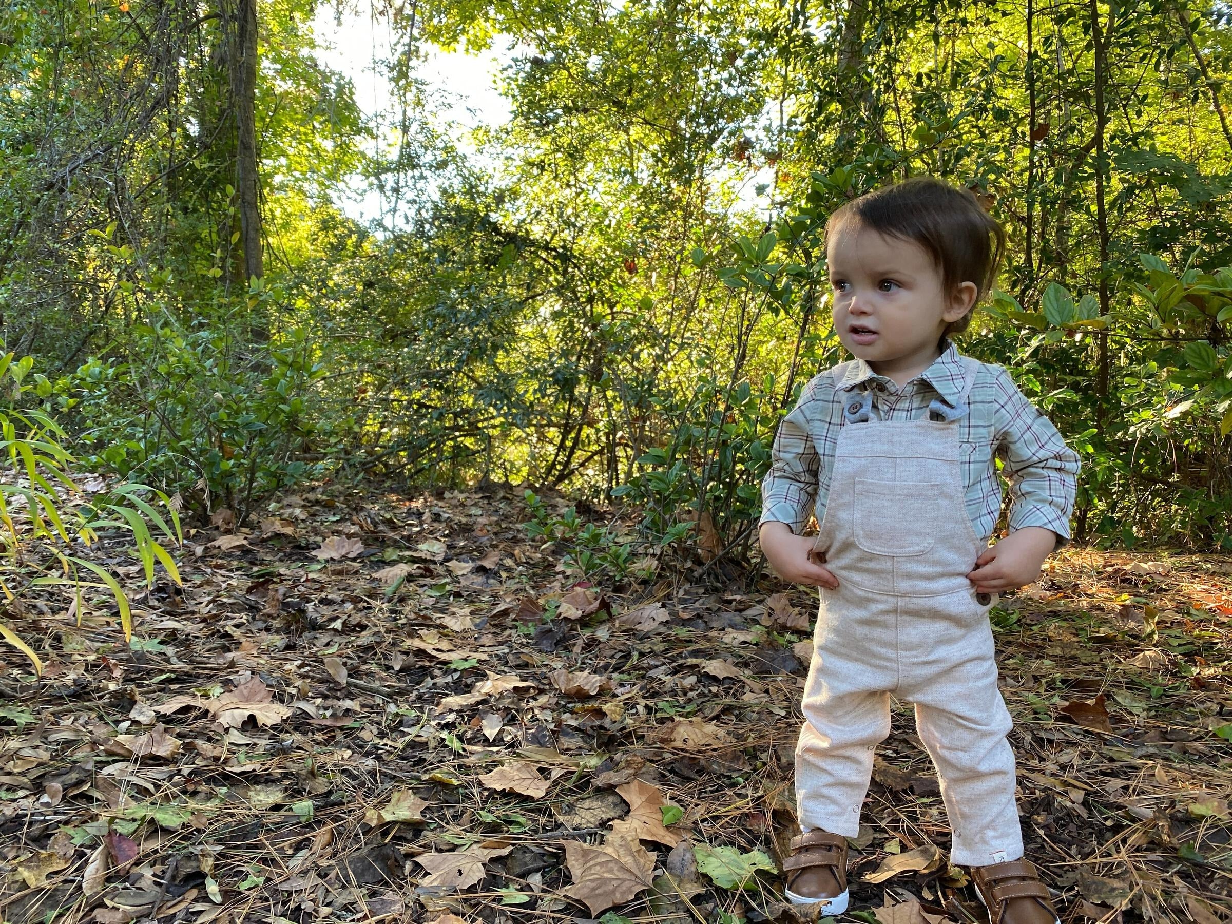 Baby long sleeve woven onesie - green plaid w/ navy lifestyle