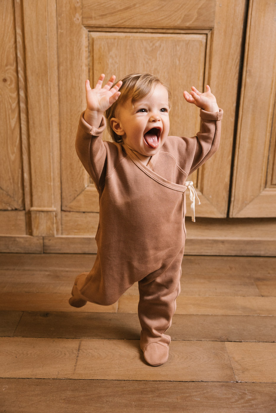 Kimono Footie with bow - chestnut lifestyle