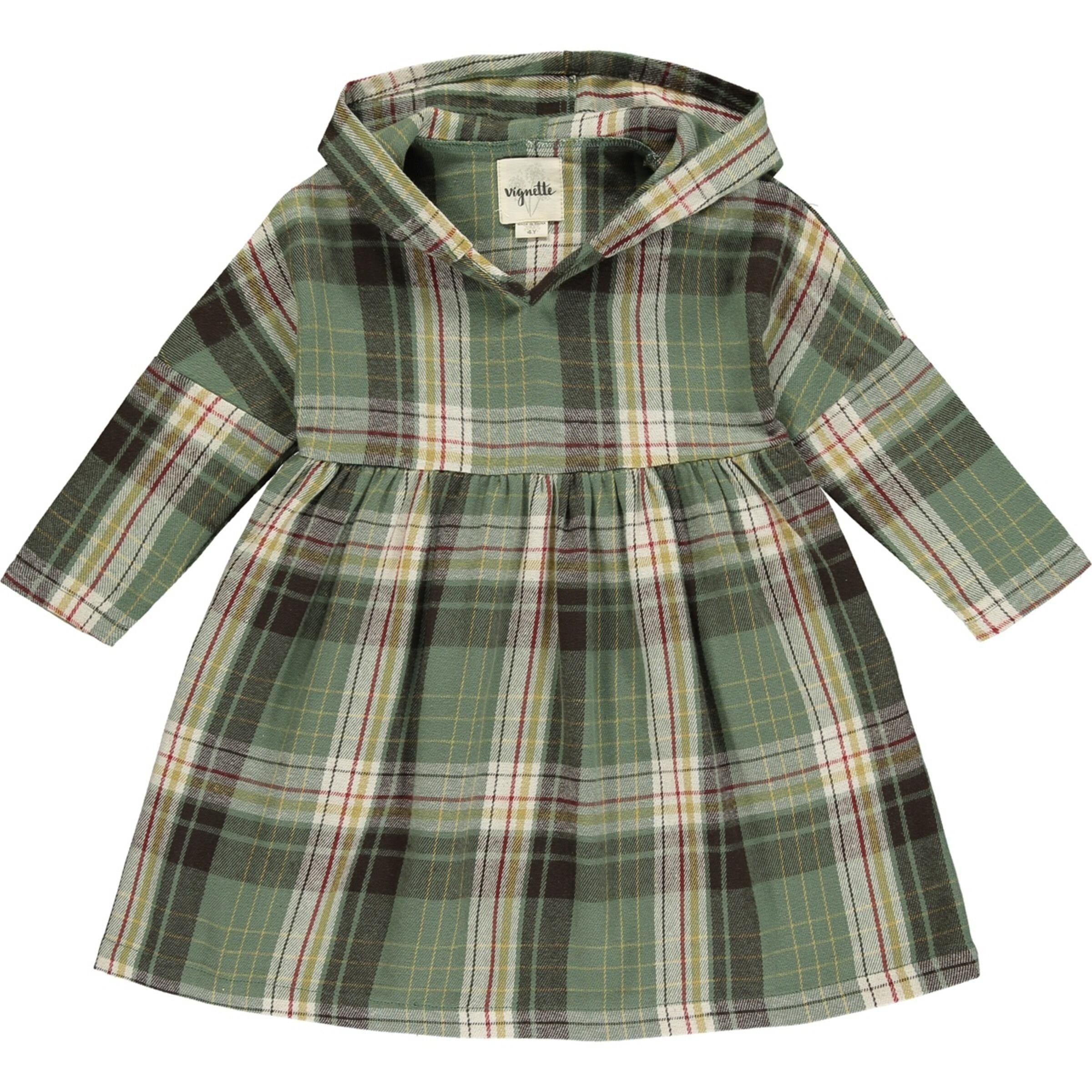 Baby Dress long sleeve and hood - Green plaid