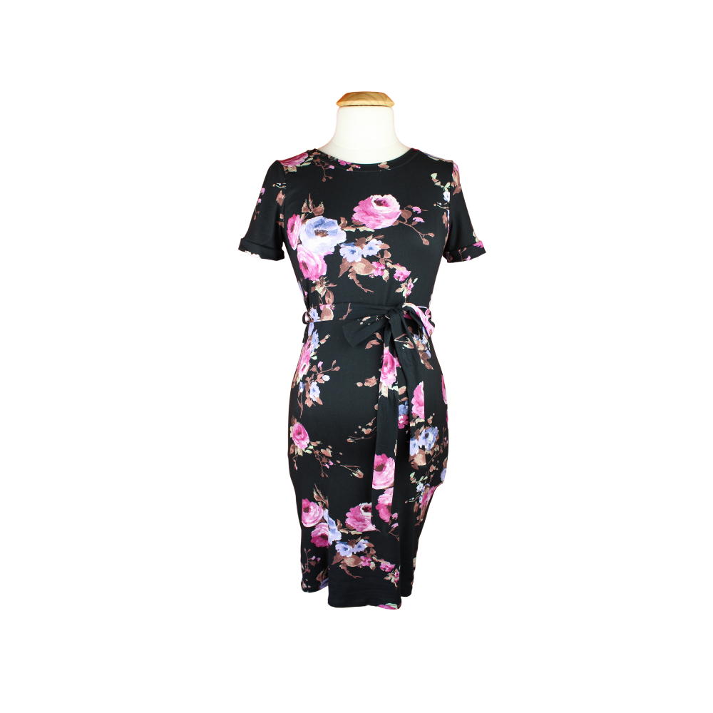 Short Sleeve Floral Maternity Dress Black-Front