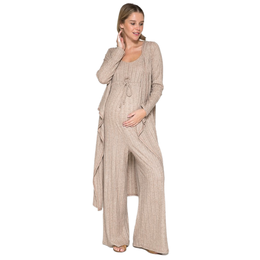 Maternity jumpsuit and cardigan set lifestyle