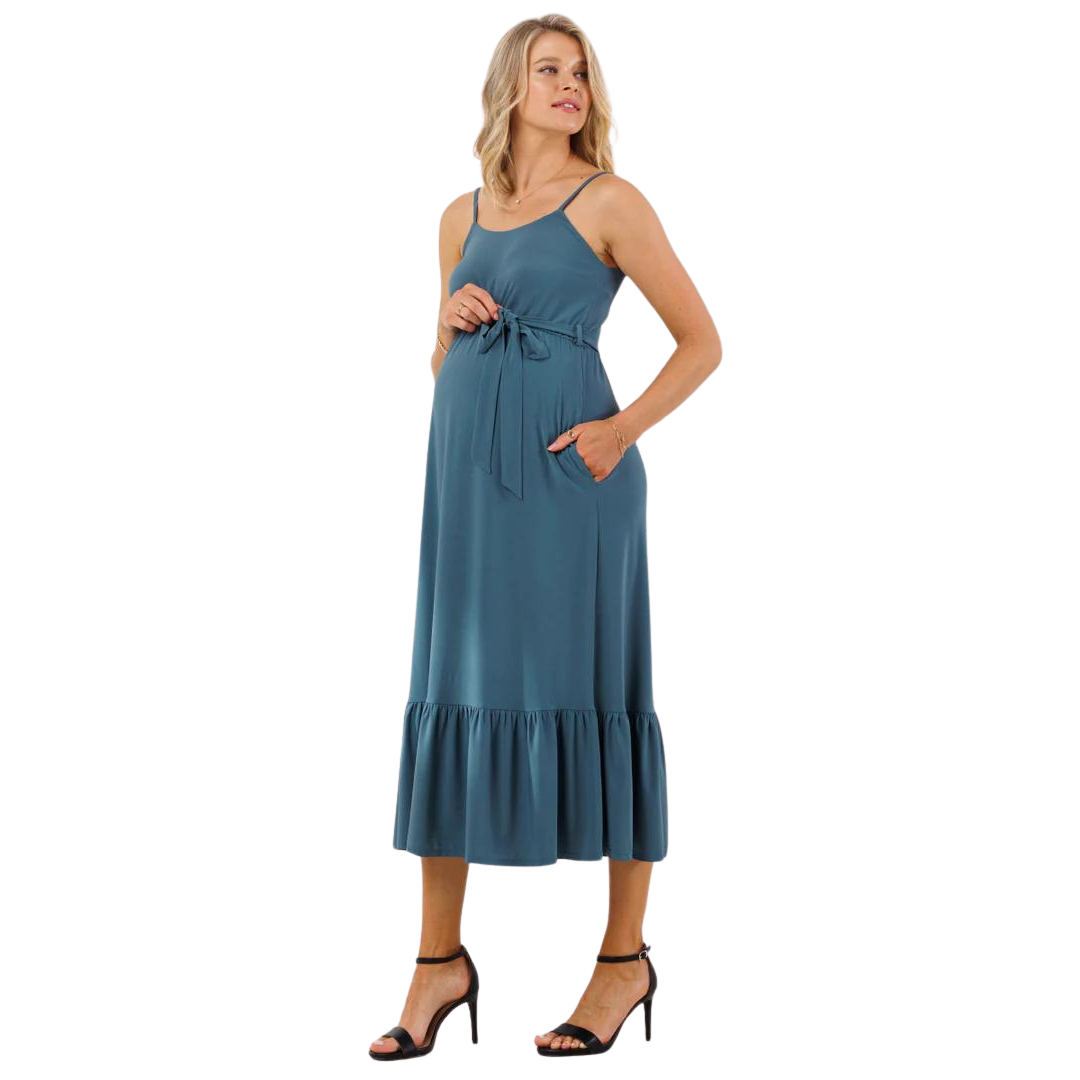 Waist Tie Camisole Ruffle Finish Maternity Dress DENIM / LARGE Waist Tie Camisole Ruffle Finish Maternity Dress DENIM / LARGE