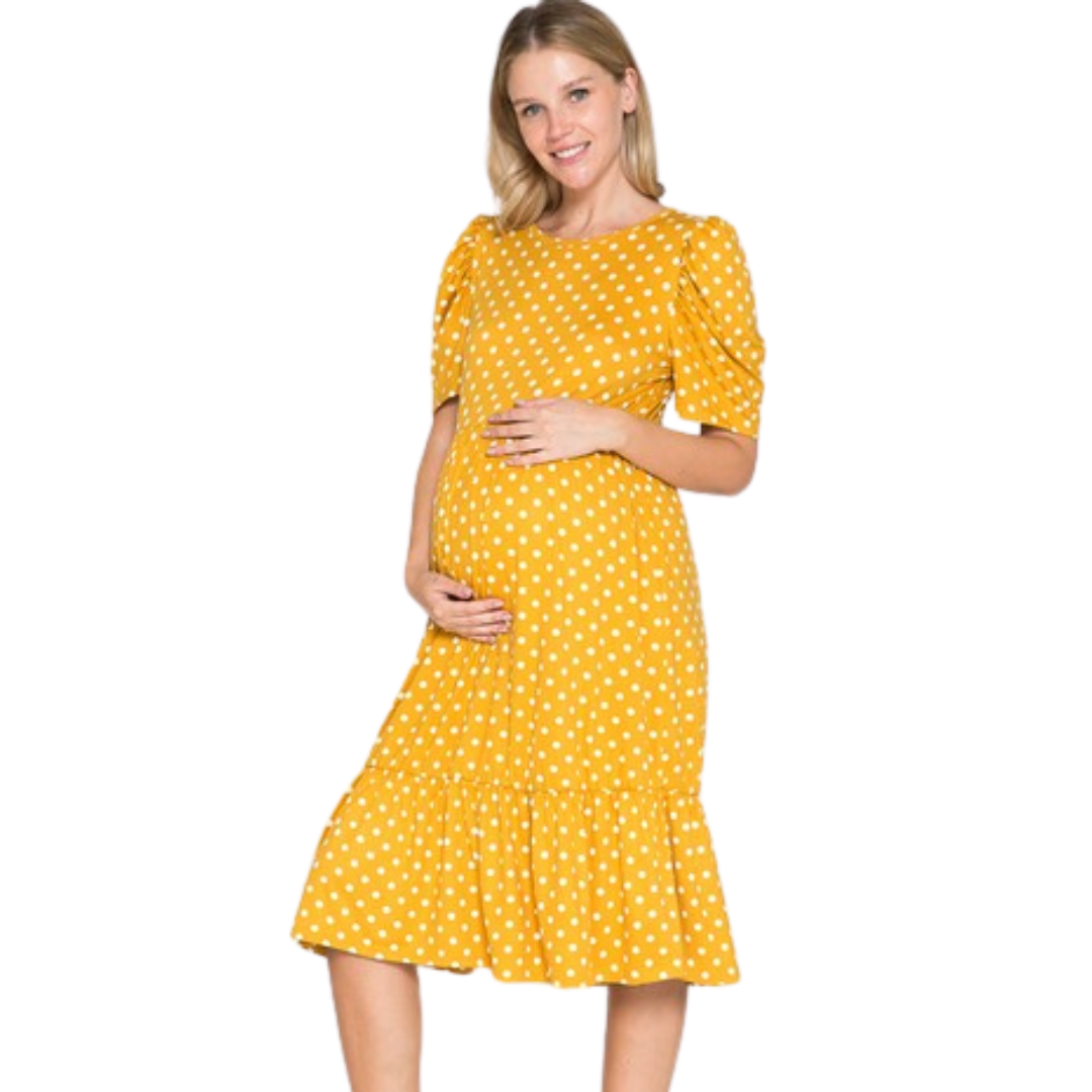 Polka Dot Midi Mustard Maternity Dress by Querencia | Love Grows Boutique L Polka Dot Midi Mustard Maternity Dress by Querencia | Love Grows Boutique L