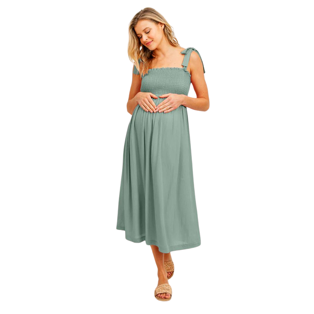 Hello Miz Maternity Smocked Tie-Shoulder Midi Dress - Sage Hello Miz Maternity Smocked Tie-Shoulder Midi Dress - Sage