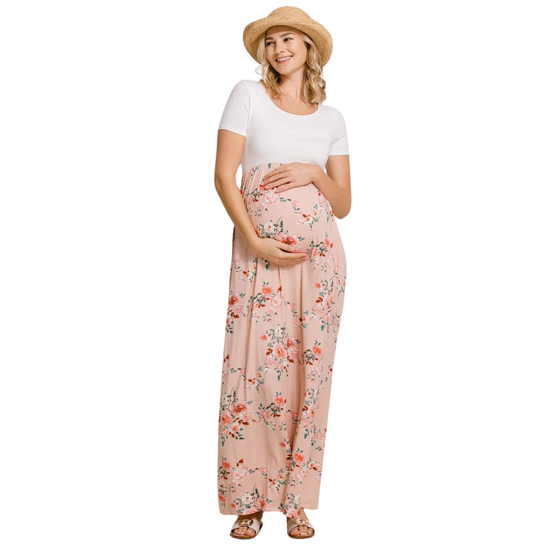 Floral short sleeve maternity maxi dress