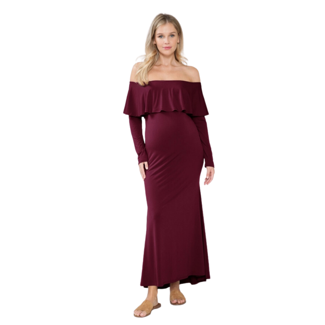 Maternity Off-Shoulder Holiday Maxi - Wine - Love Grows Boutique XL Maternity Off-Shoulder Holiday Maxi - Wine - Love Grows Boutique XL