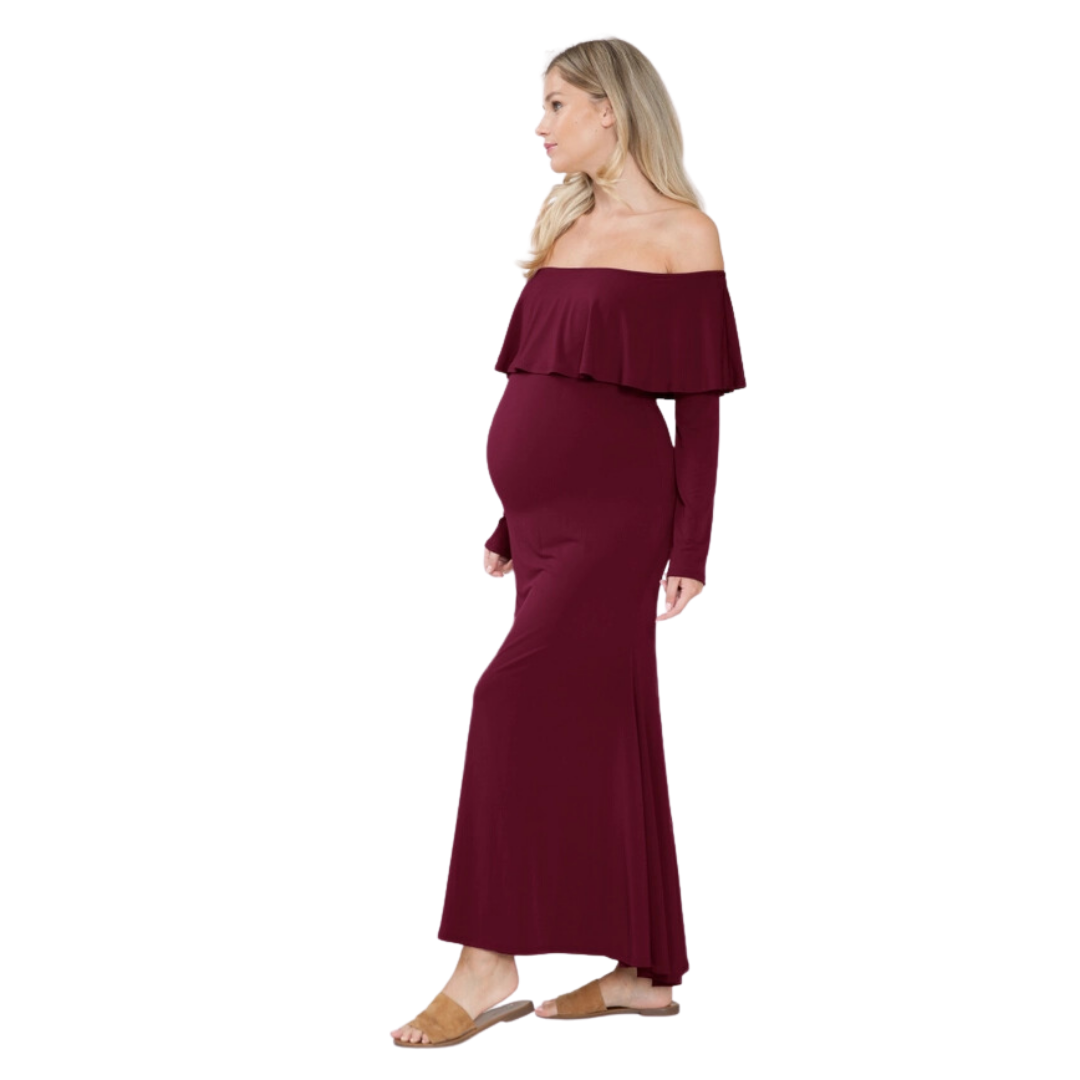Maternity Off-Shoulder Holiday Maxi - Wine - Love Grows Boutique M Maternity Off-Shoulder Holiday Maxi - Wine - Love Grows Boutique M
