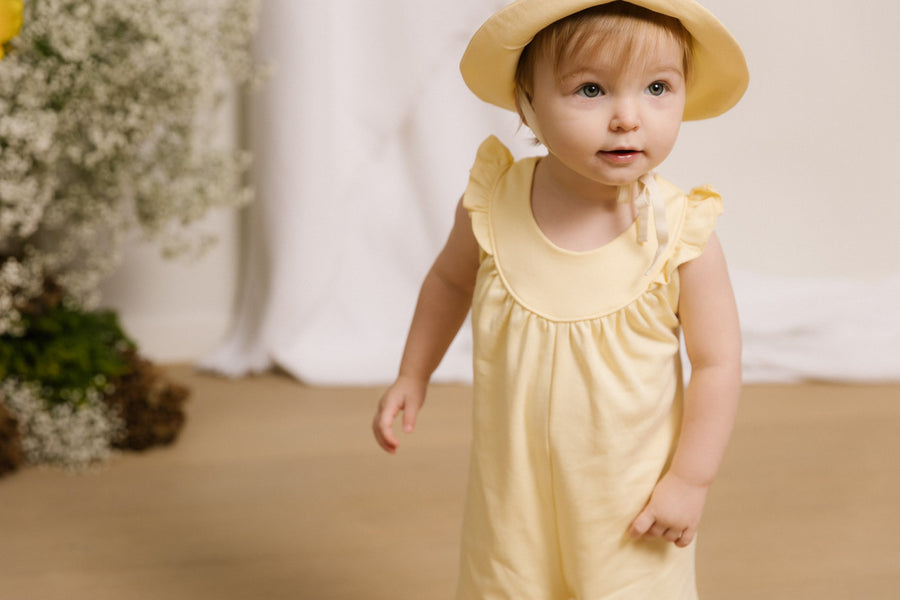 Baby Romper with Flutter Sleeves - Light Yellow Lifestyle