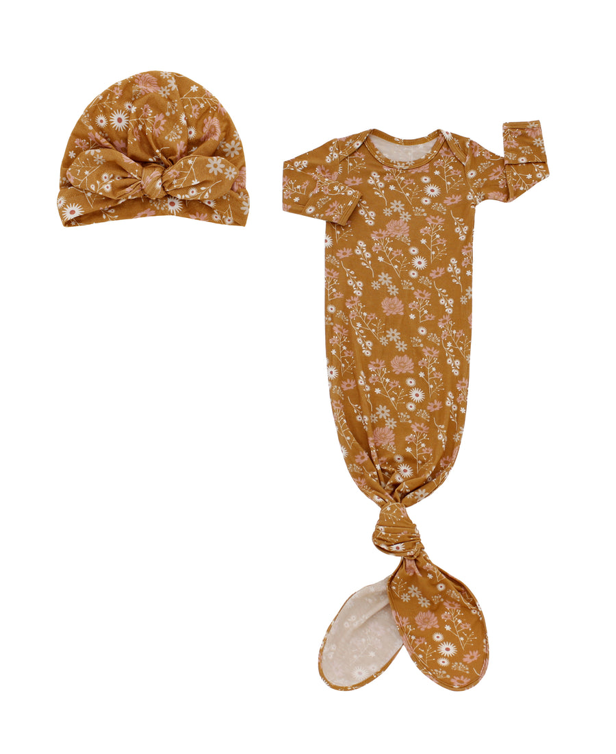 Bamboo Gown and Hat Newborn Gift Set-Mustard Floral 