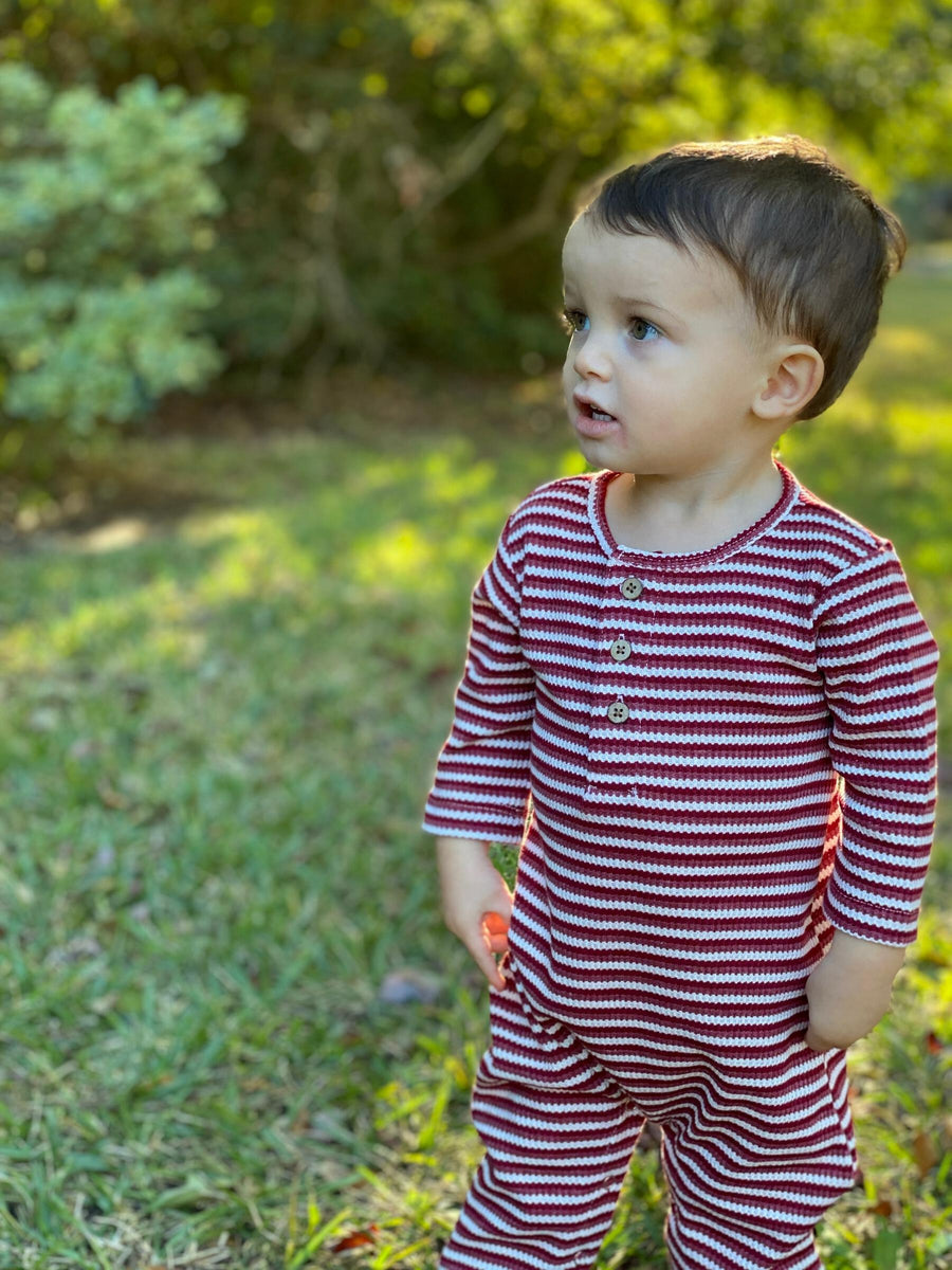 Baby Ribbed Romper - Burgundy Striped Lifestyle