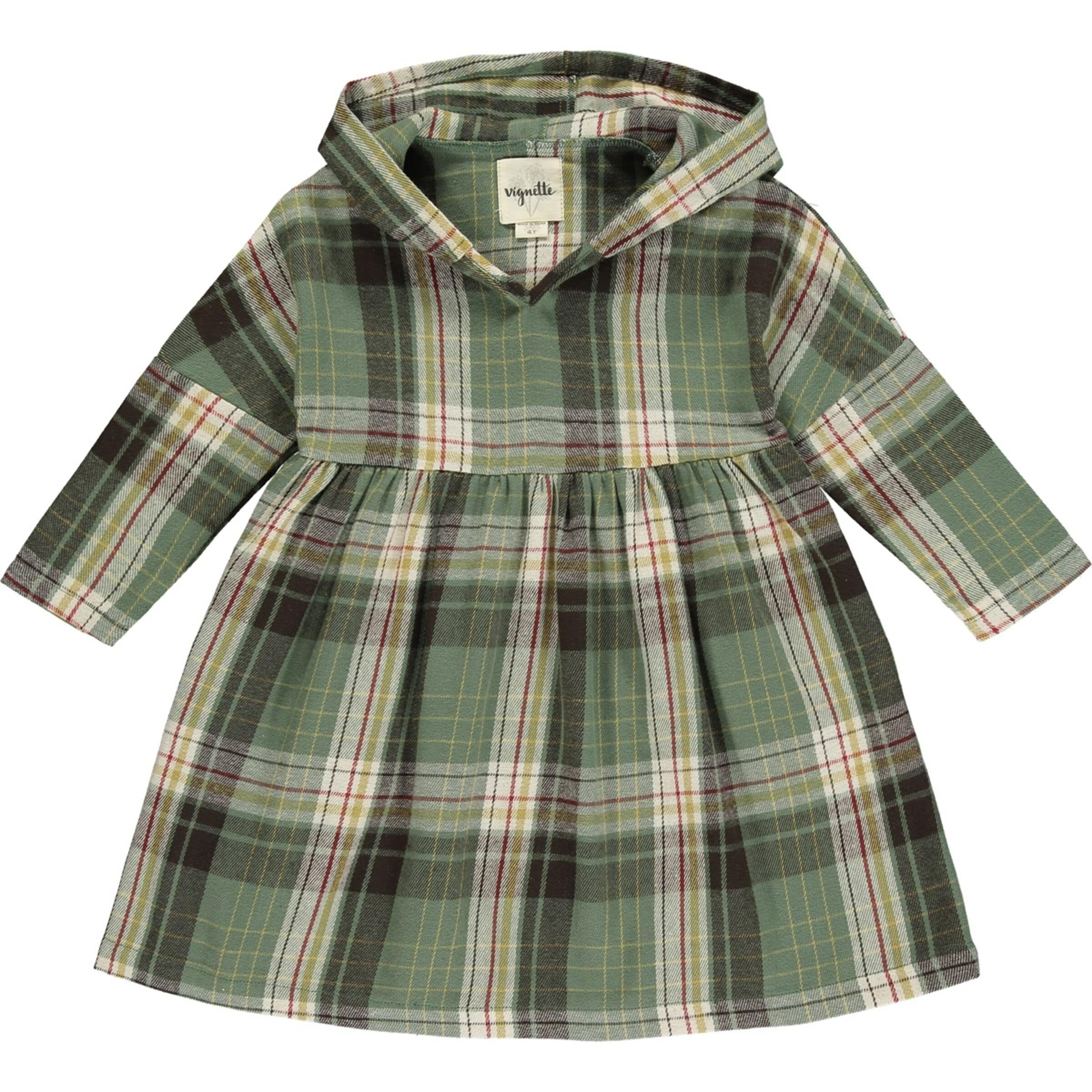Baby Dress long sleeve and hood - Green  plaid