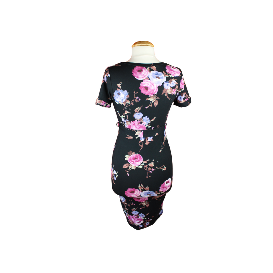 Short Sleeve Floral Maternity Dress Black- Back
