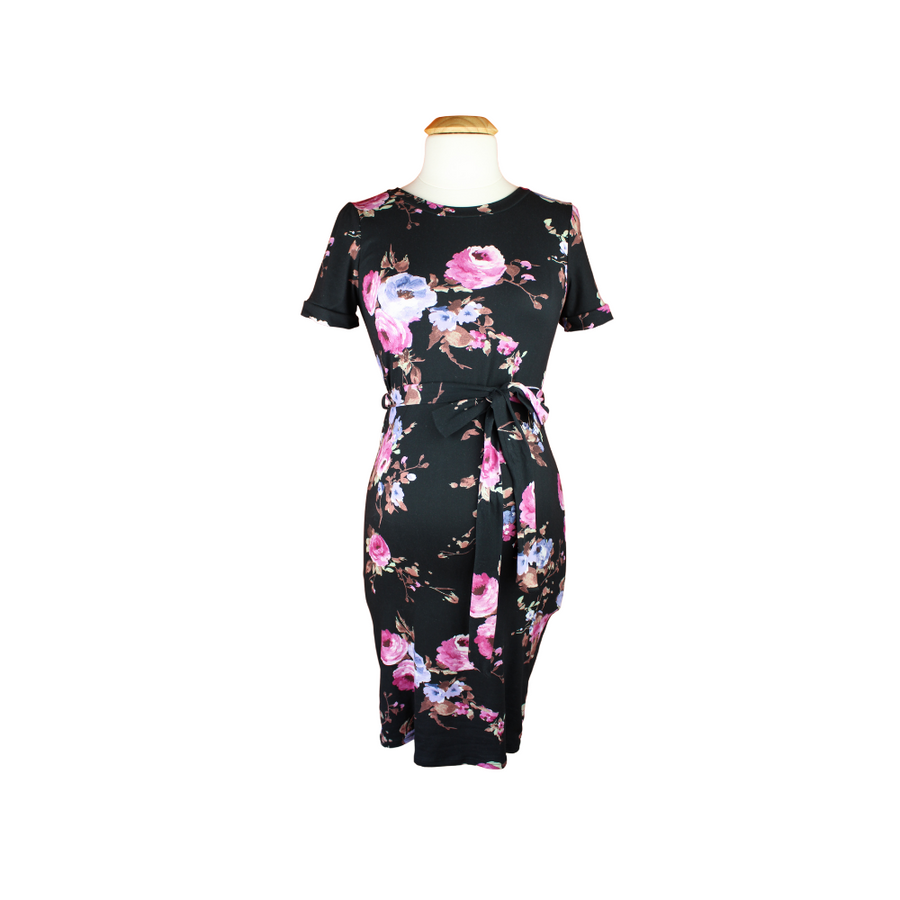 Short Sleeve Floral Maternity Dress Black-Front